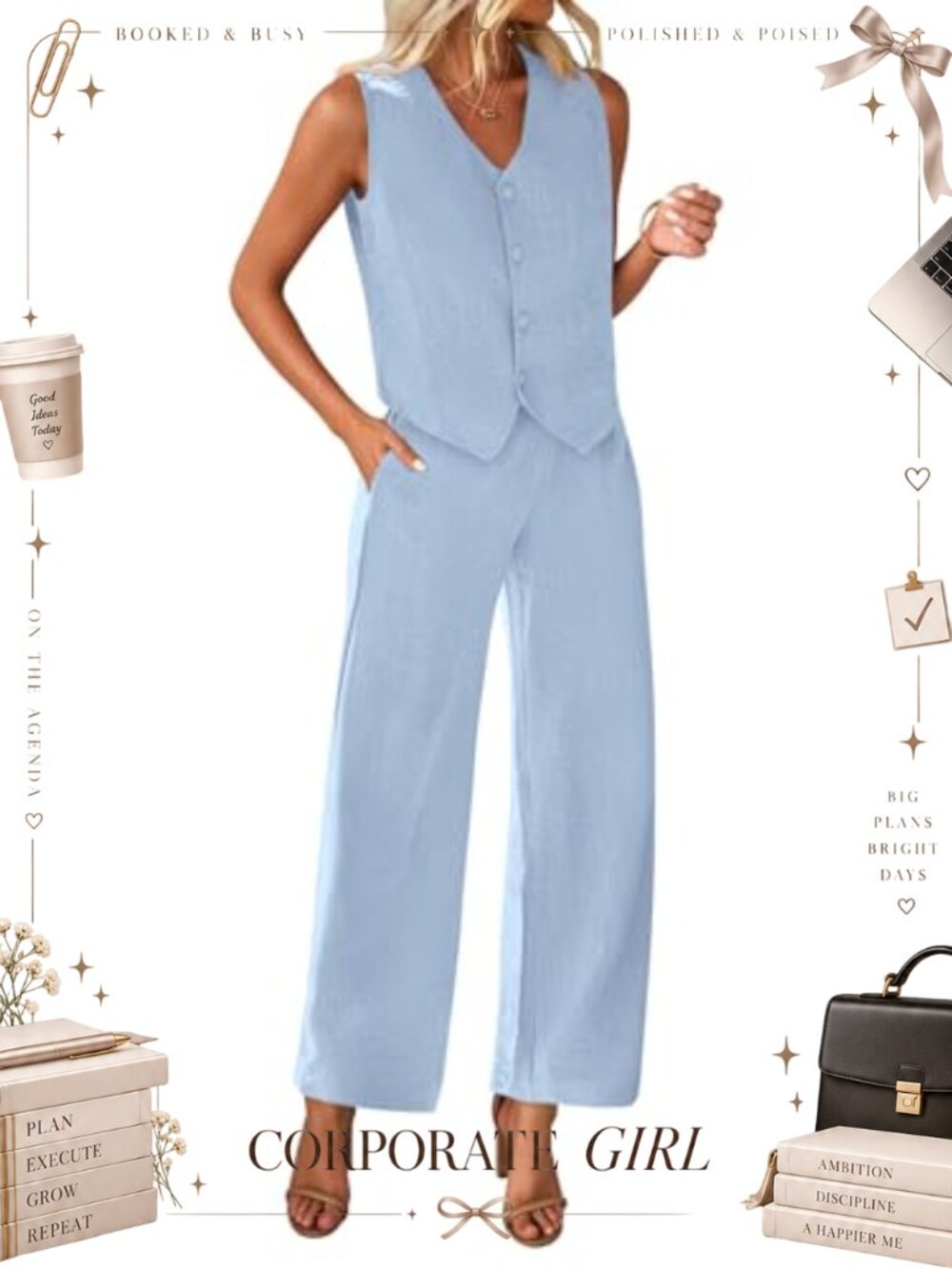 Women's Two Piece Outfit Sleeveless Crop Vest Blazer Wide Leg Pants Suit Set